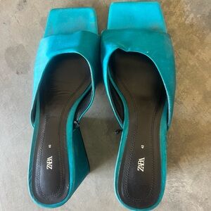 ZARA Teal Satin Square-Toe Mules